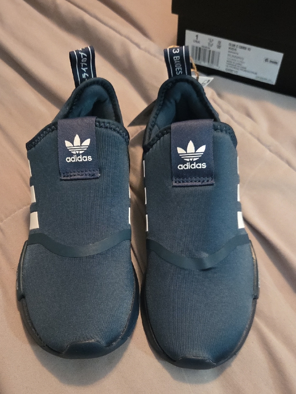 adidas Navy Slip-On Kids Sneakers with White Stripes
